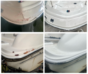 Fiberglass boat repair in Seattle: Before and after photos showcasing the transformation of a damaged boat to a pristine finish.